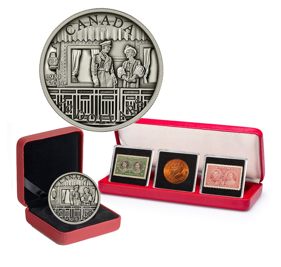 Image 718865.jpg, Product 718-865 / Price $139.95, 2014 $20 Royal Train Fine Silver Coin - 75th Anniversary of the 1939 Royal Visit plus bonus 1939 Royal Visit Medal and Two 1939 Postage Stamps from Royal Canadian Mint on TSC.ca's Coins department