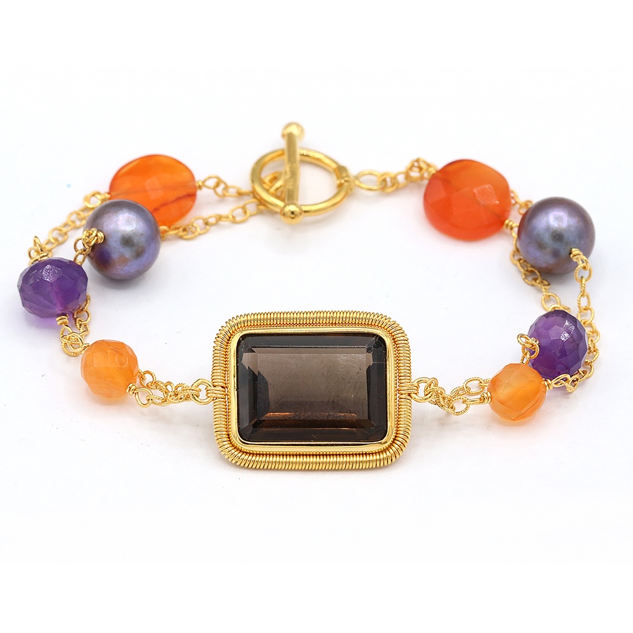 Image 719164.jpg, Product 719-164 / Price $199.99, Gem Boutique Sterling Silver Yellow Gold Plate Smoky Quartz, Amethyst, Black Peacock Pearl and Carnelian Bracelet from Gem Boutique on TSC.ca's Jewellery department