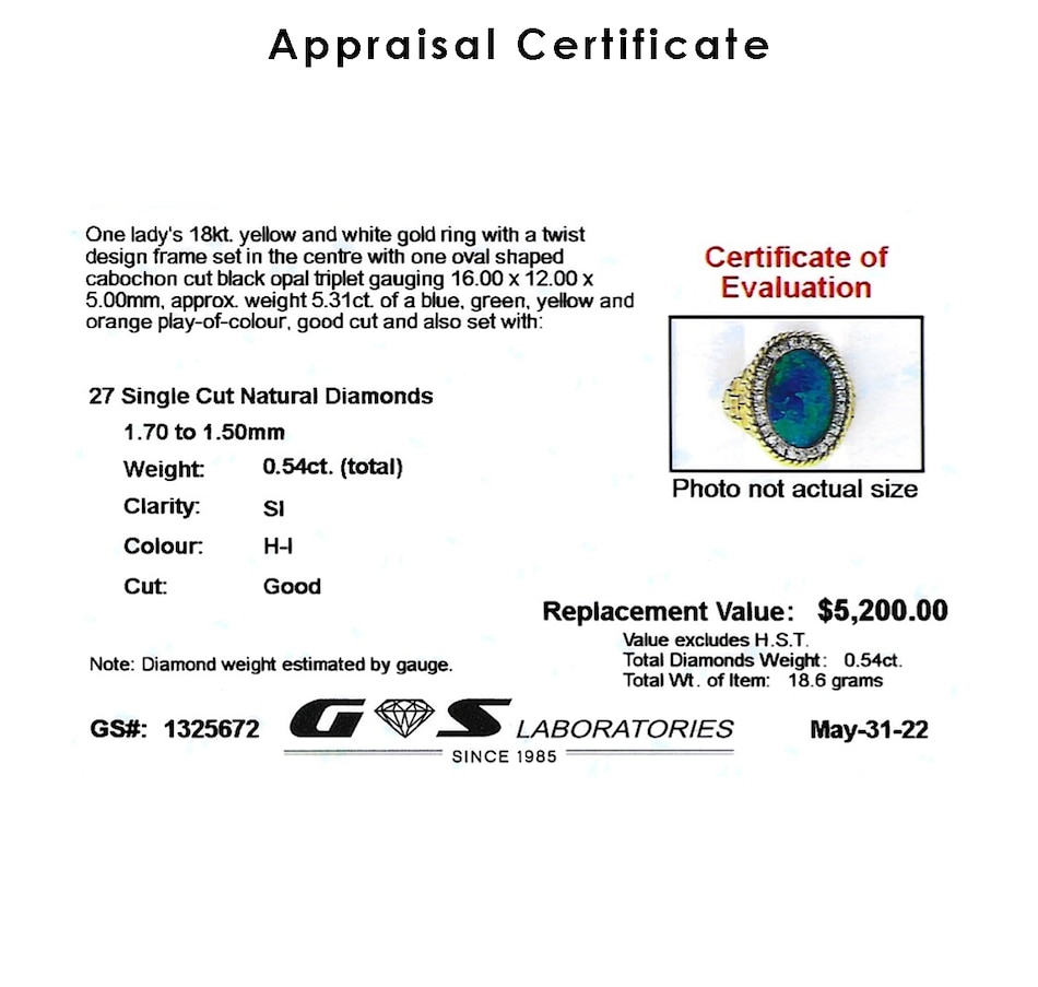 Image 719271_ALTMORE3.jpg, Product 719-271 / Price $2,995.00, 18K Yellow and White Gold Black Opal Triplet and Diamond Ring from Estate Originals on TSC.ca's Jewellery department