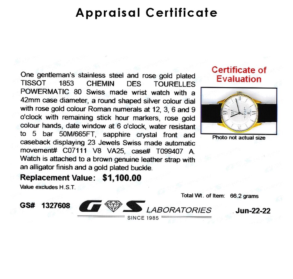 Image 719309_ALTMORE3.jpg, Product 719-309 / Price $995.00, Gentleman's Stainless Steel and Rose Gold Plated TISSOT 1853 CHEMIN DES TOURELLES POWERMATIC 80 Swiss Made Wristwatch from Estate Originals on TSC.ca's Jewellery department
