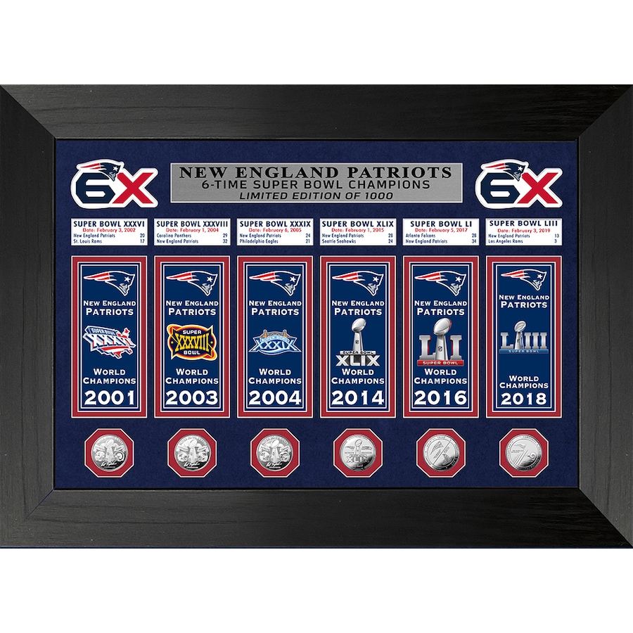 Image 719980.jpg, Product 719-980 / Price $399.99, New England Patriots Champions Deluxe Banner Collection Photo Mint from Highland Mint on TSC.ca's Sports department
