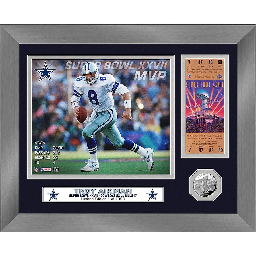 Image 719987.jpg, Product 719-987 / Price $127.99, Tory Aikman Super Bowl XXVII MVP Silver Coin Ticket Photo Mint from Highland Mint on TSC.ca's Sports department