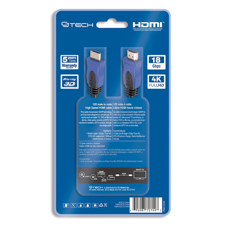 Image 721362_ALTMORE1.jpg, Product 721-362 / Price $24.99, CJ Tech 4K 3D HDMI 2.0 Cable (12') from CJ Tech on TSC.ca's Electronics department