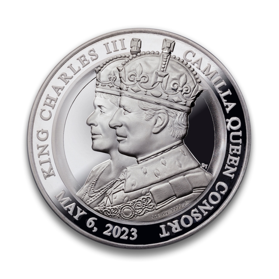 Image 721379.jpg, Product 721-379 / Price $899.95, The Coronation of King Charles III and Queen Camilla Five-Ounce Fine Silver Medallion from Canadian Heritage Mint on TSC.ca's Coins department