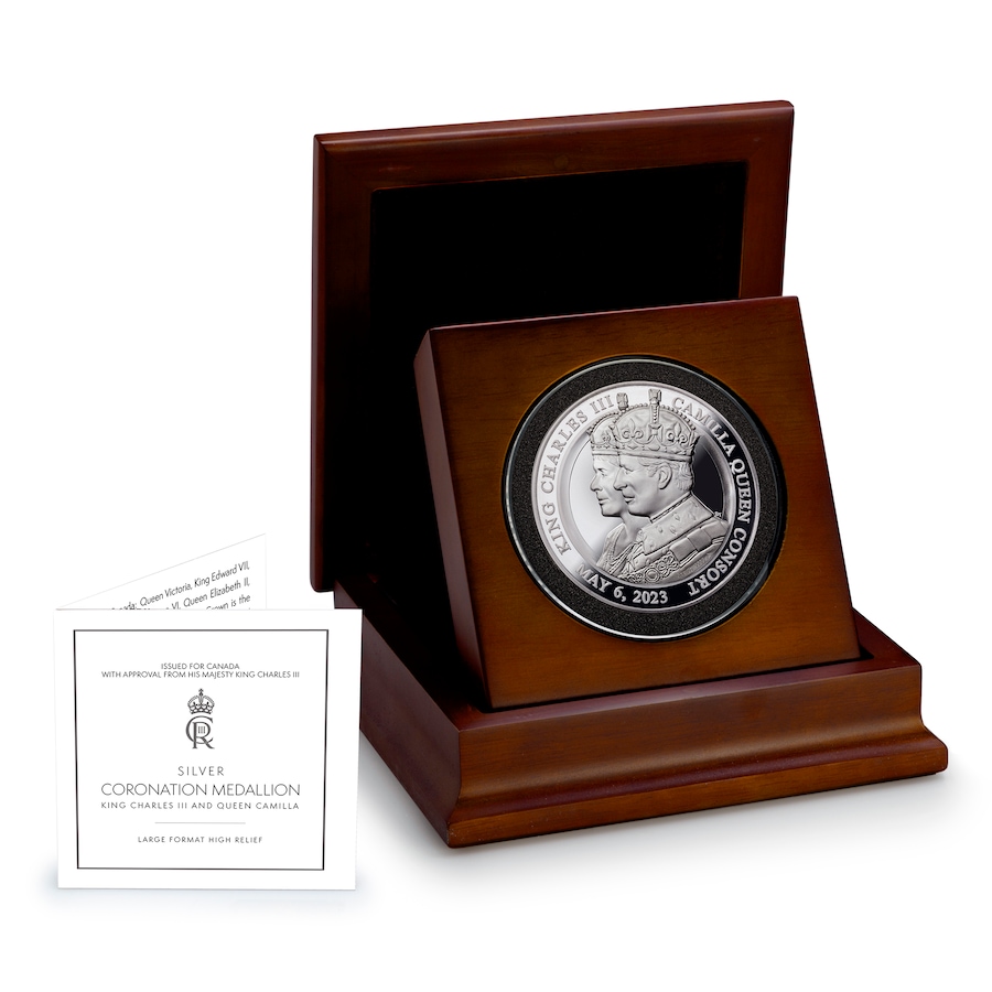 Image 721379_ALTMORE5.jpg, Product 721-379 / Price $899.95, The Coronation of King Charles III and Queen Camilla Five-Ounce Fine Silver Medallion from Canadian Heritage Mint on TSC.ca's Coins department