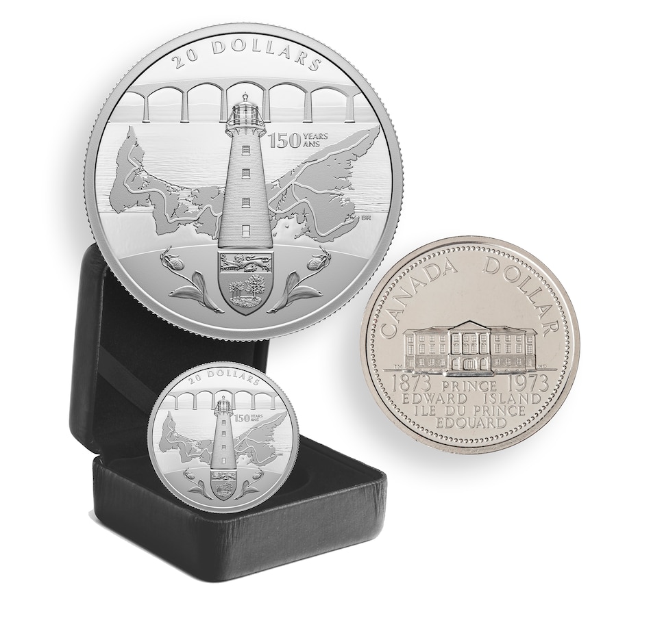 Image 722616.jpg, Product 722-616 / Price $104.95, 2023 $20 Fine Silver Coin PEI 150th Anniversary plus Exclusive Bonus 1973 P.E.I. Commemorative Dollar Coin from Royal Canadian Mint (RCM) on TSC.ca's Coins department