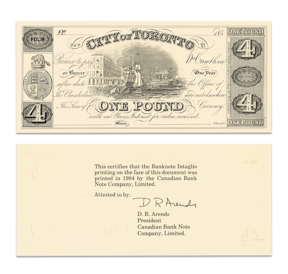Image 722630.jpg, Product 722-630 / Price $39.95, City of Toronto 1850–1852 $4 Banknote - Official 1984 Collector Reprint from Original Printing Plates from Canadian Coin & Currency on TSC.ca's Coins department