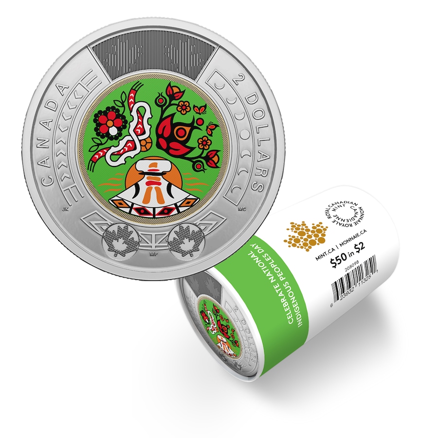 Image 722653.jpg, Product 722-653 / Price $99.95, 2023 $2 Special Wrap Roll Colour Version Celebrating National Indigenous Peoples Day from Royal Canadian Mint (RCM) on TSC.ca's Coins department