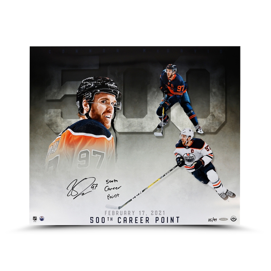 Image 722958.jpg, Product 722-958 / Price $1,499.99, Upper Deck Authenticated Autographed and Inscribed Connor McDavid Edmonton Oilers 500th Career Point 20" x 24" Photo (Limited to 97) from Upper Deck on TSC.ca's Sports department