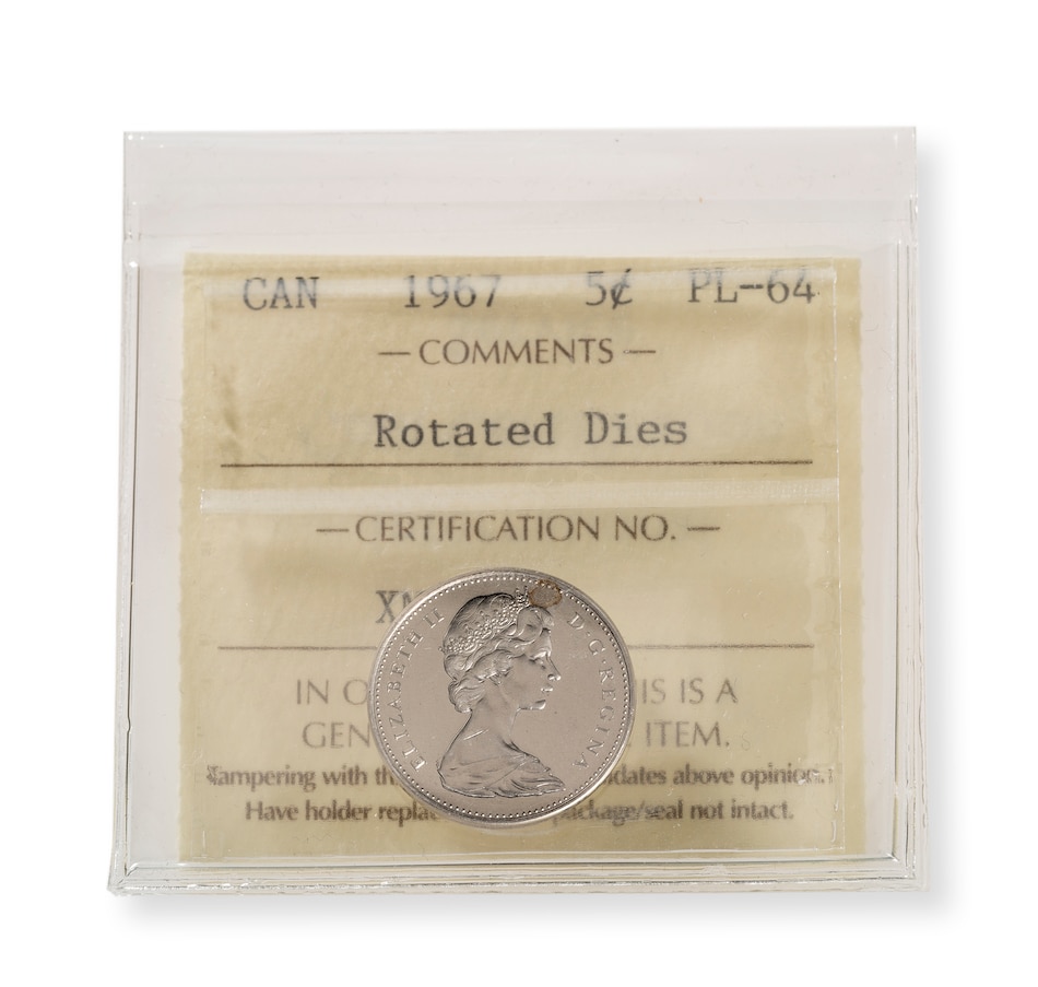 Image 723069.jpg, Product 723-069 / Price $395.00, 1967 5-Cent Rotated Die ICCS PL-64 Certified from Canadian Coin & Currency on TSC.ca's Coins department