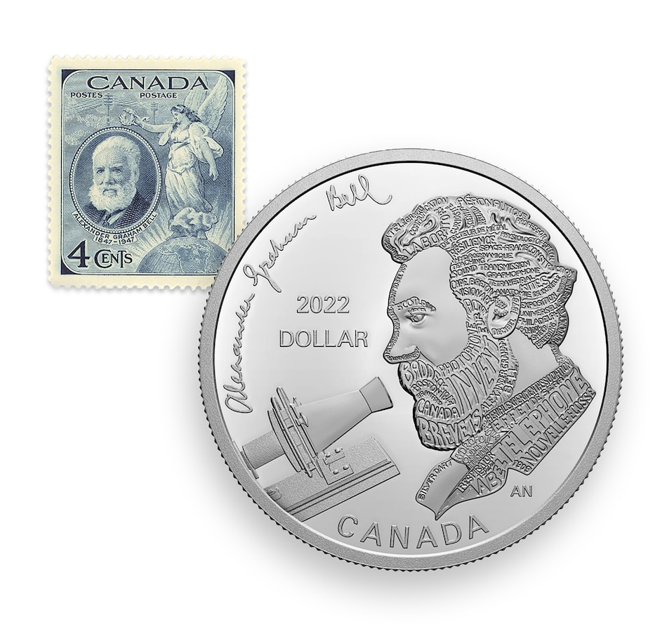 Image 723537.jpg, Product 723-537 / Price $69.95, 2022 Proof Silver Dollar of Alexander Graham Bell plus Exclusive Bonus Mint-Condition 1947 Bell Postage Stamp from Royal Canadian Mint (RCM) on TSC.ca's Coins department