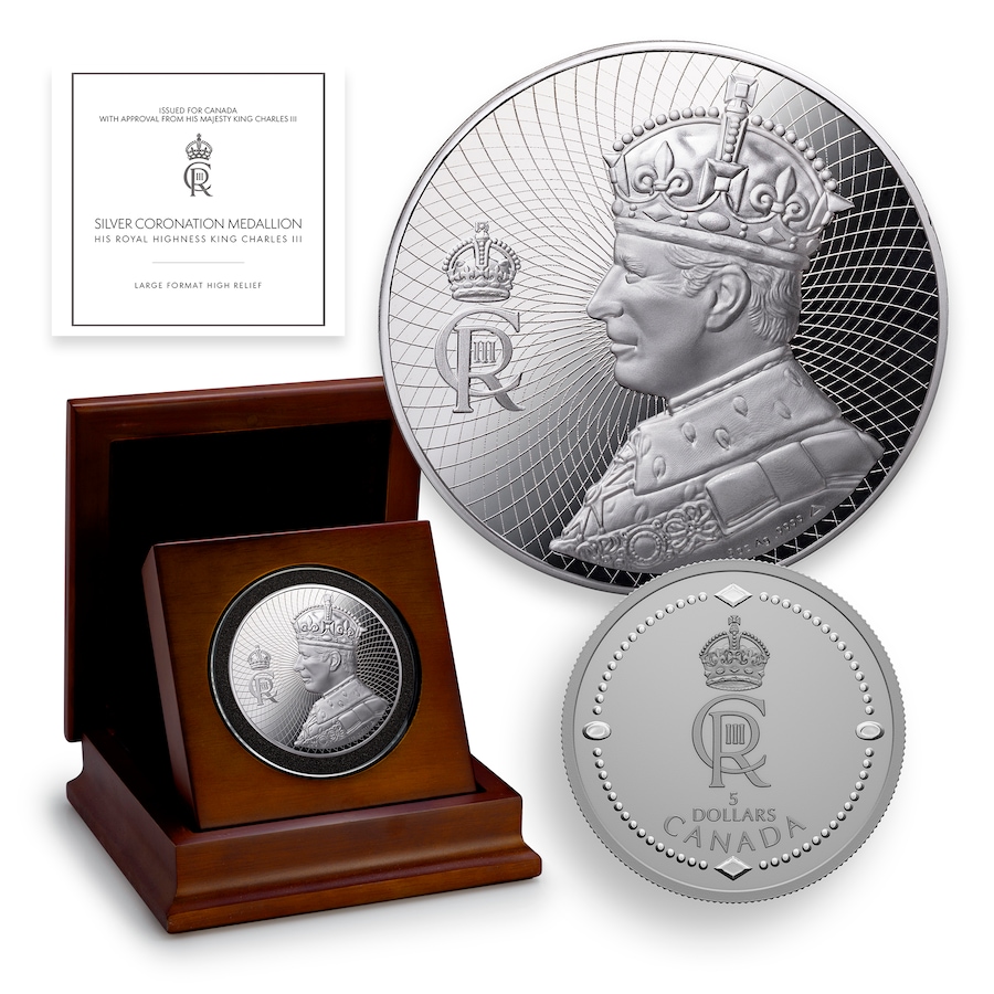 Image 723540.jpg, Product 723-540 / Price $999.95, King Charles III Five-Ounce Silver Coronation Medallion plus Bonus 2023 $5 King Charles III Royal Cypher Coin from Canadian Heritage Mint on TSC.ca's Coins department