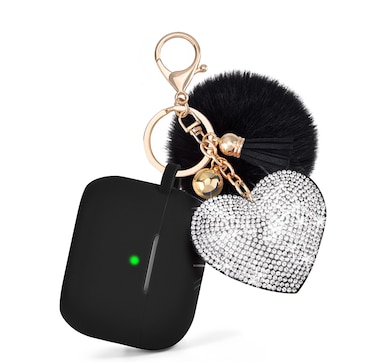Silicone Case for Apple AirPods Pro 2 with Bling Heart and Fur Pom-Pom Keychain