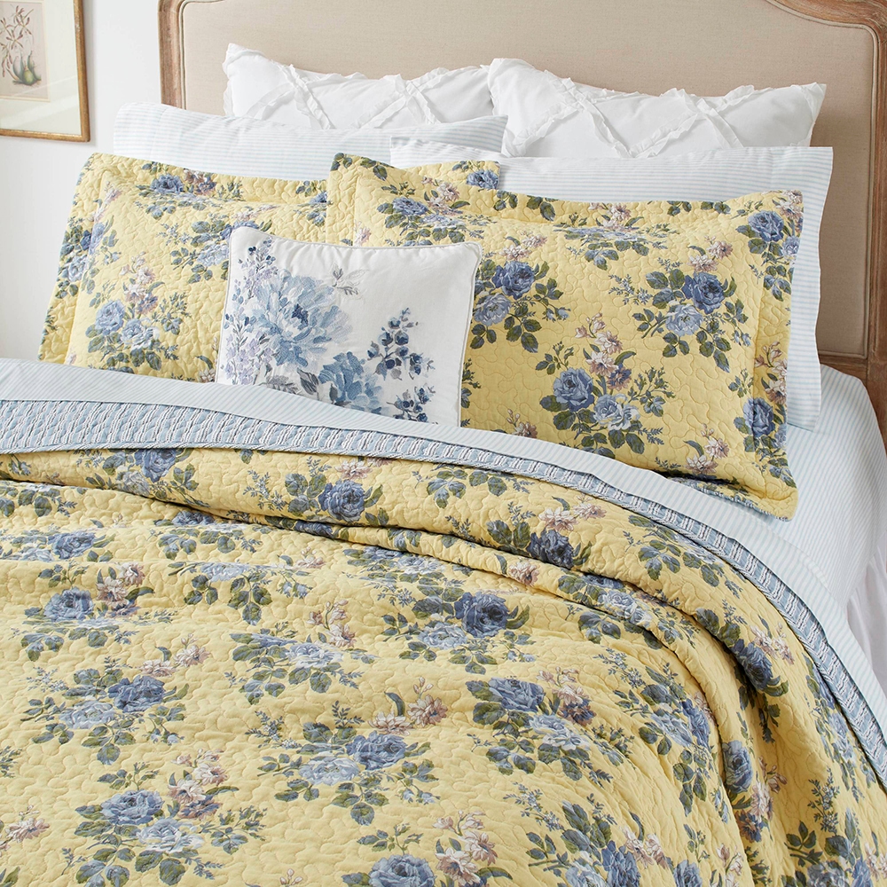Laura Ashley Linley Quilt Set, Cotone, Yellow Floral, Coppia