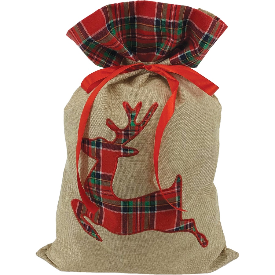 Image 724628.jpg, Product 724-628 / Price $21.99, Xmass Deco Burlap Gift Bag With Plaid Design- Reindeer from Xmass Deco on TSC.ca's Home & Garden department