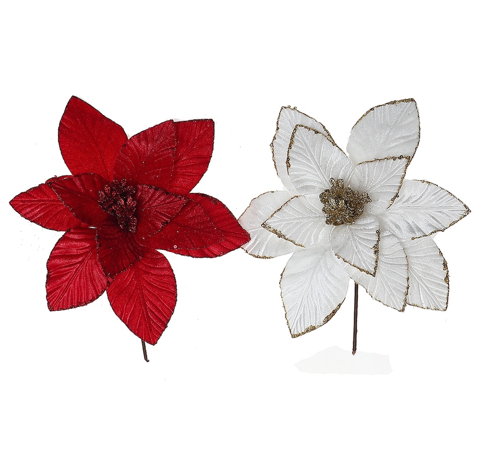 Image 724953.jpg, Product 724-953 / Price $59.00, IH Casa Décor Assorted Glitter Edged Veiny Poinsettia Pick (set of 12) from IH Casa Decor on TSC.ca's Home & Garden department