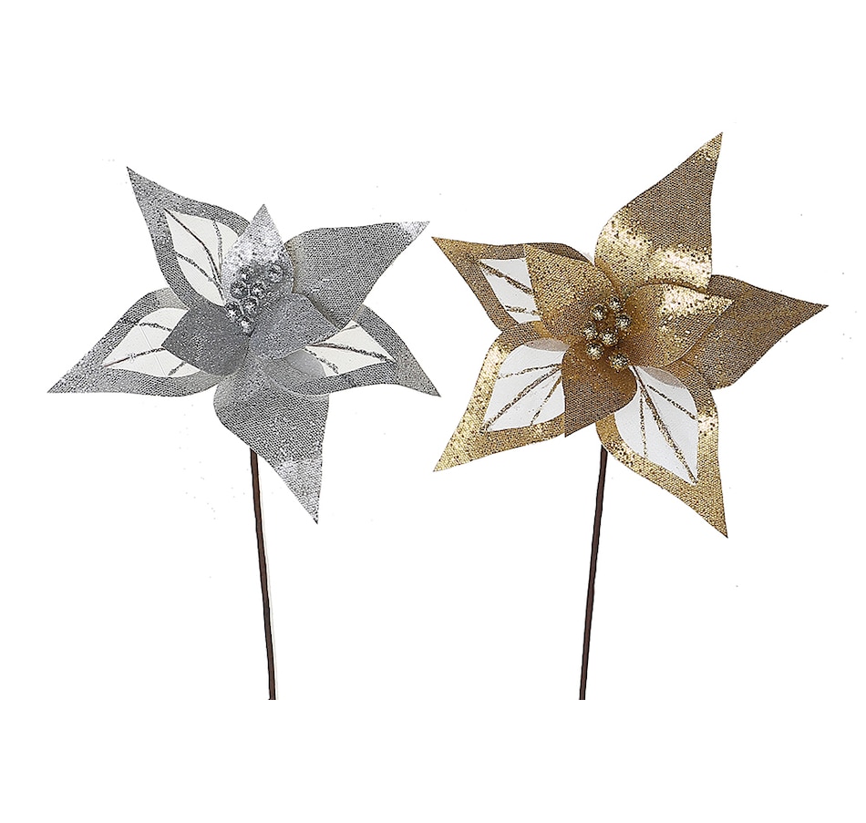 Image 724954.jpg, Product 724-954 / Price $39.00, IH Casa Décor Assorted Transparent Border Glitter Poinsettia Pick (set of 6) from IH Casa Decor on TSC.ca's Home & Garden department