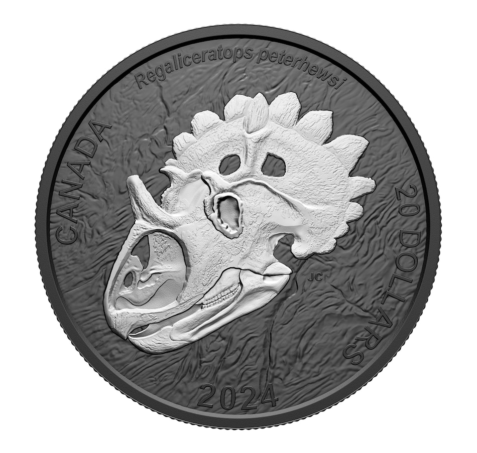 Image 725045.jpg, Product 725-045 / Price $124.95, 2024 $20 Fine Silver Coin with Black Rhodium Plating: Discovering Dinosaurs - Royal Horned Face from The Coin Show with Steven Bromberg on TSC.ca's Coins department