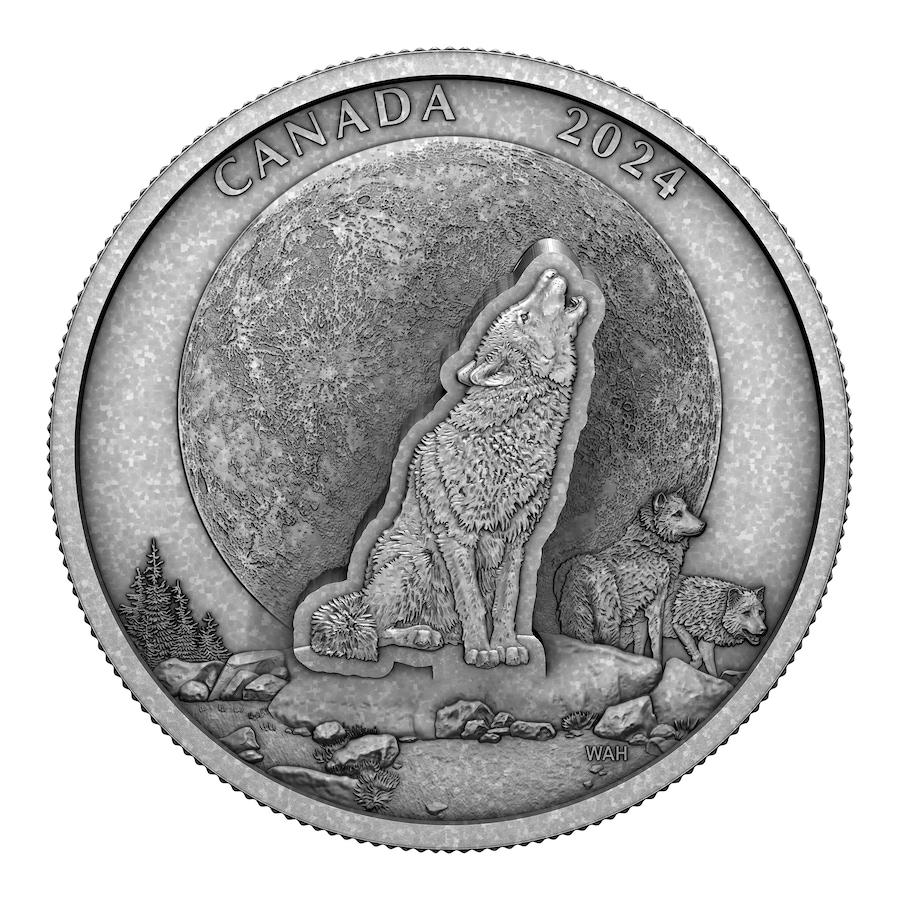 Image 725051.jpg, Product 725-051 / Price $429.95, 2024 $30 3D Howling Wolf Two-Ounce Fine Silver Coin with Antique Finish from The Coin Show with Steven Bromberg on TSC.ca's Coins department