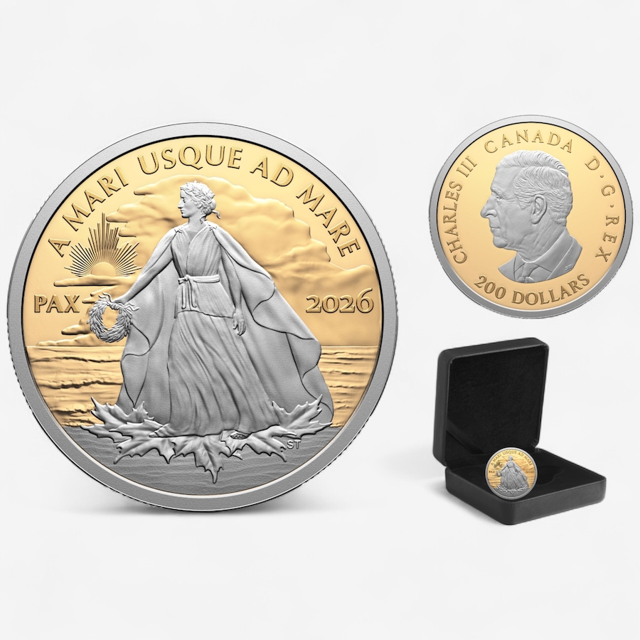 Image 725204_ALTMORE3.jpg, Product 725-204 / Price $8,795.00, 2026 $200 Pure Gold Peace Coin with Selective Platinum Plating from Royal Canadian Mint (RCM) on TSC.ca's Coins department
