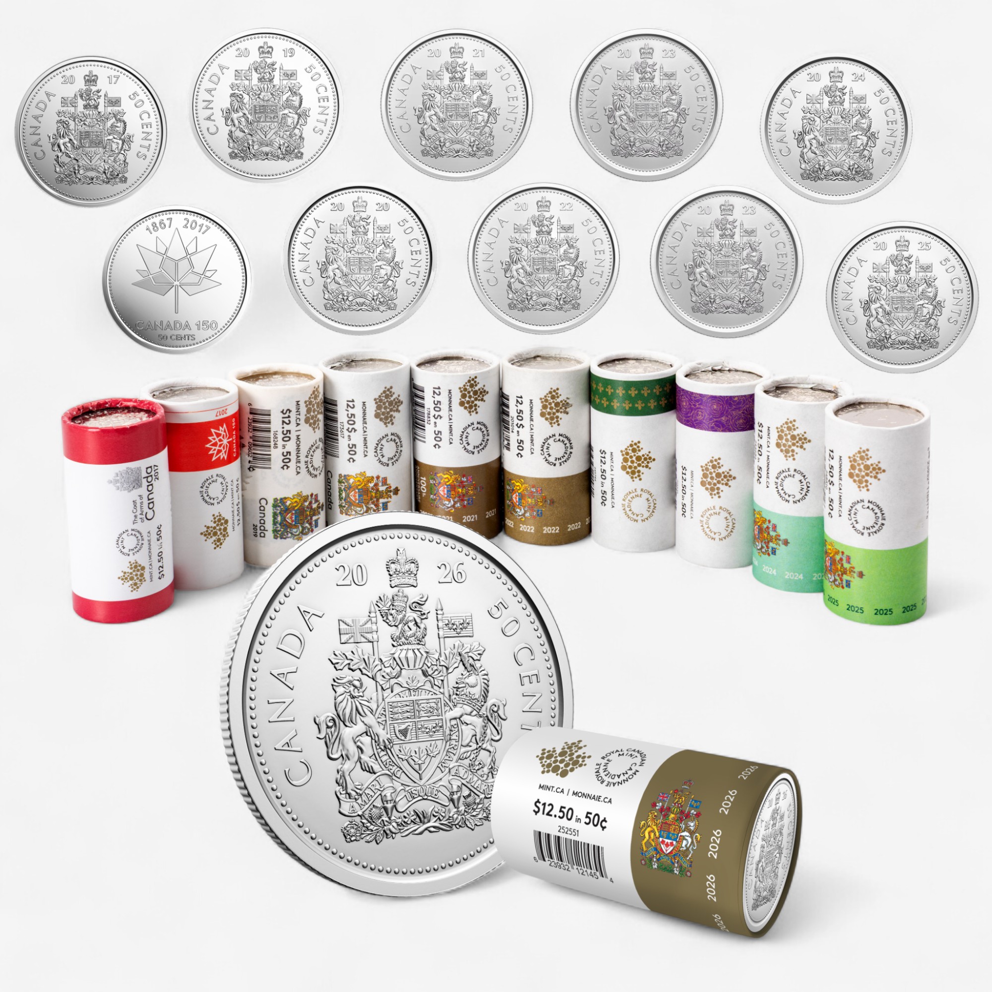 2017–2026 Half-Dollar Mint Roll Collection, Near-Complete, 11-Roll