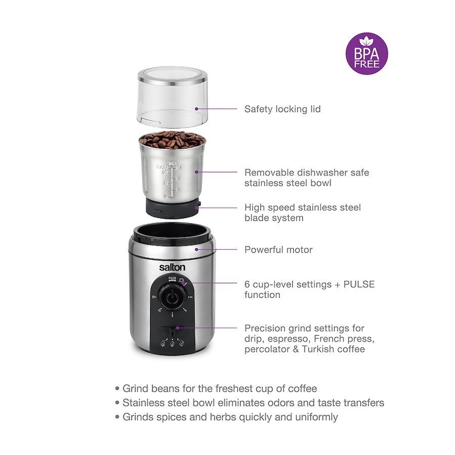 Image 725415_ALTMORE4.jpg, Product 725-415 / Price $49.99, Salton 12-Cup Stainless-Steel Smart Coffee Grinder from Salton on TSC.ca's Kitchen department
