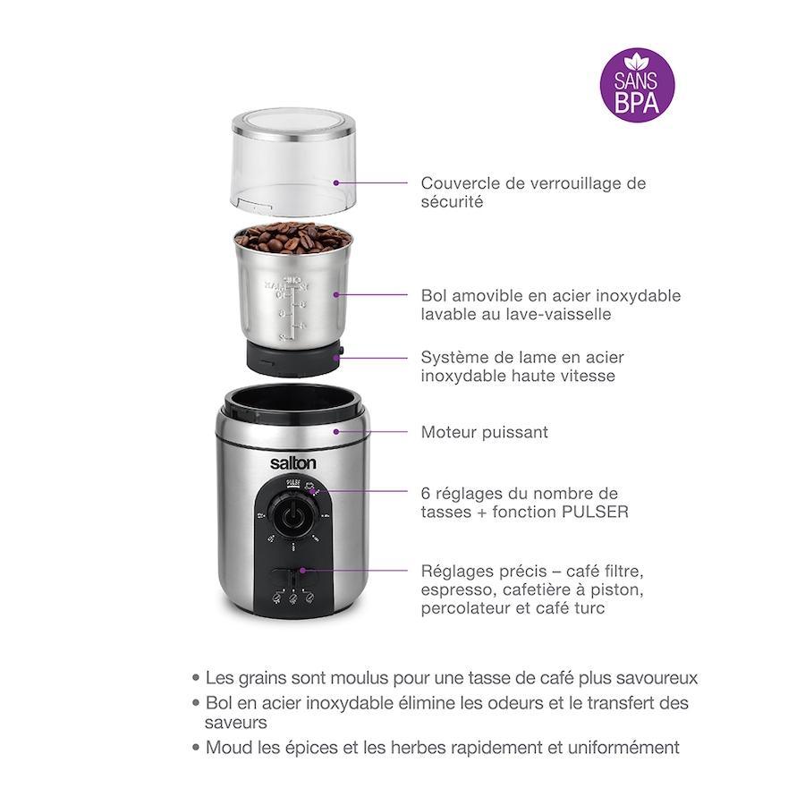 Image 725415_ALTMORE5.jpg, Product 725-415 / Price $49.99, Salton 12-Cup Stainless-Steel Smart Coffee Grinder from Salton on TSC.ca's Kitchen department