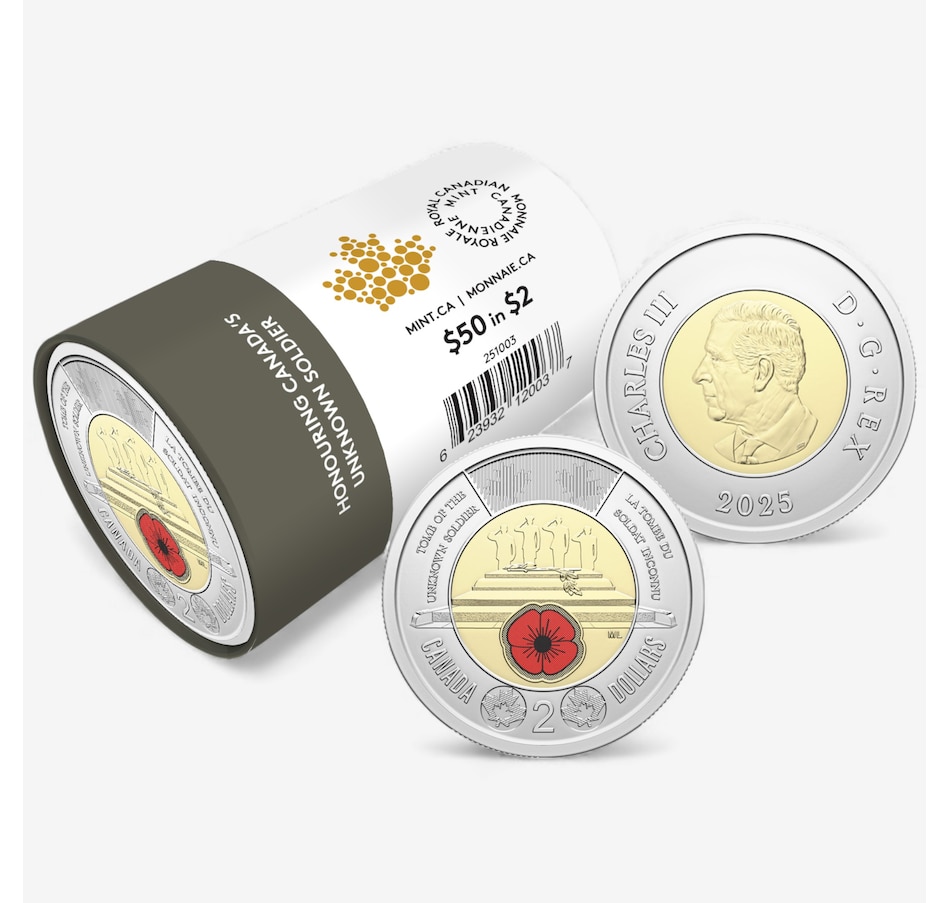 Image 725582.jpg, Product 725-582 / Price $89.95, 2025 $2 Honouring the Unknown Soldier Special Wrap Roll (Colour Version) plus Bonus Coin in Capsule from Royal Canadian Mint (RCM) on TSC.ca's Coins department