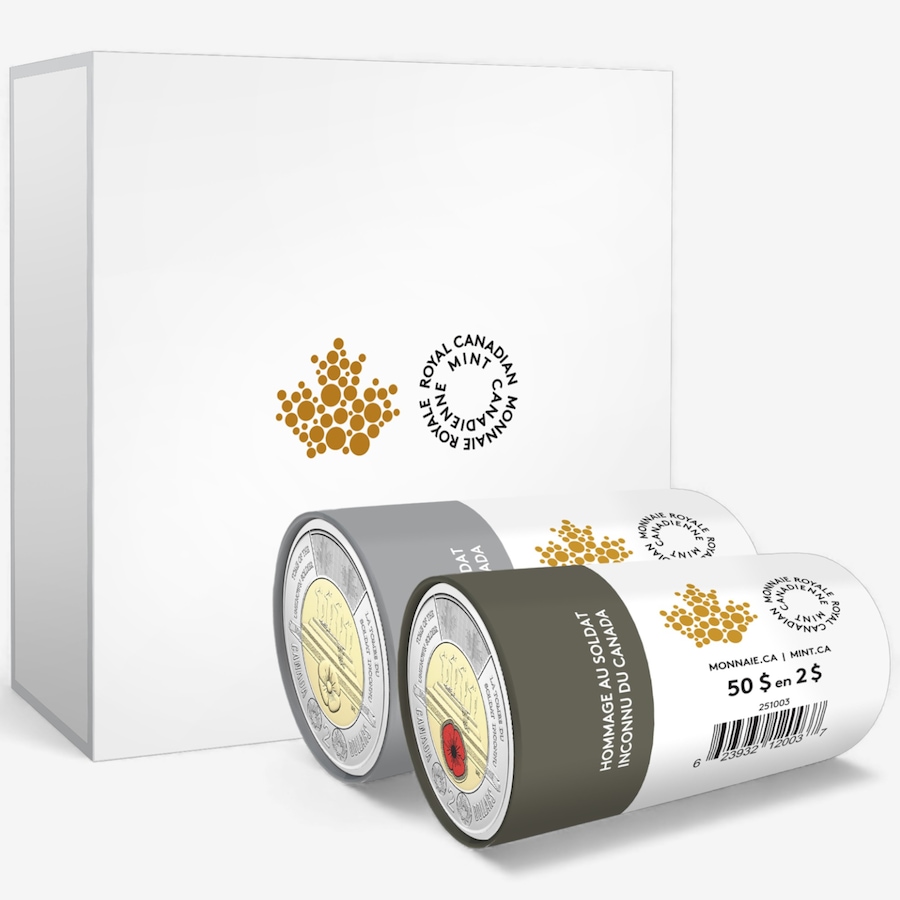 Image 725584.jpg, Product 725-584 / Price $187.95, 2025 $2 Box Set of Two Special Wrap Rolls Honouring the Unknown Soldier (25 coins each, one colour roll and one classic engraved, plus two extra coins in display capsules) from Royal Canadian Mint (RCM) on TSC.ca's Coins department