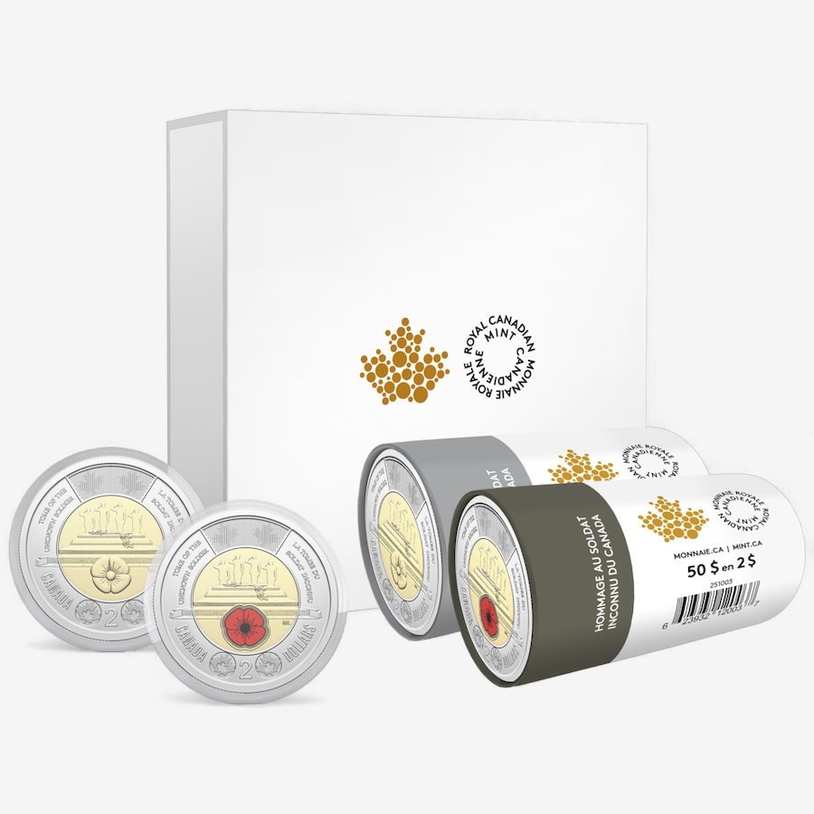 Image 725584_ALTMORE1.jpg, Product 725-584 / Price $187.95, 2025 $2 Box Set of Two Special Wrap Rolls Honouring the Unknown Soldier (25 coins each, one colour roll and one classic engraved, plus two extra coins in display capsules) from Royal Canadian Mint (RCM) on TSC.ca's Coins department