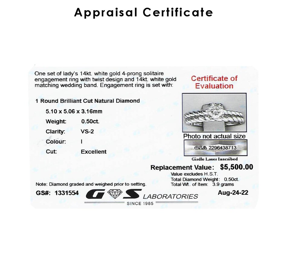 Image 726149_ALTMORE6.jpg, Product 726-149 / Price $3,495.00, Estate Originals 14K White Gold Half Carat Solitaire Diamond Engagement Ring with Matching Twisted Wedding Band from Estate Originals on TSC.ca's Jewellery department