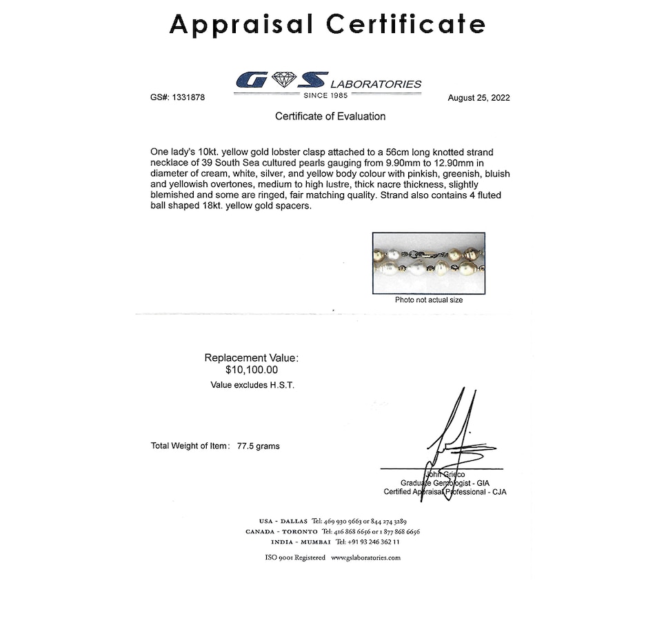 Image 726334_ALTMORE3.jpg, Product 726-334 / Price $5,495.00, Estate Originals South Sea Cultured Pearls Necklace with 18K Yellow Gold Spacers and 10K Yellow Gold Lobster Claw Clasp from Estate Originals on TSC.ca's Jewellery department