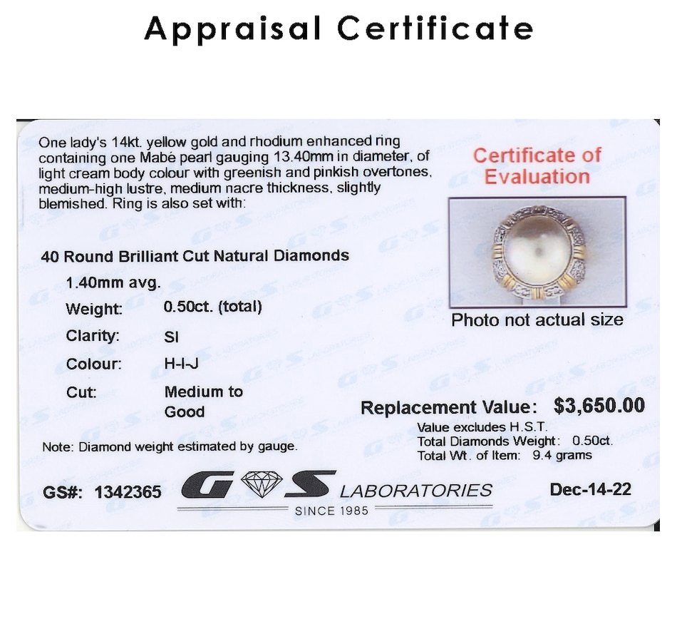 Image 726349_ALTMORE3.jpg, Product 726-349 / Price $1,795.00, Estate Originals 14K Yellow Gold and Rhodium Enhanced Mabé Pearl Ring with Diamonds, 0.50 ctw from Estate Originals on TSC.ca's Jewellery department