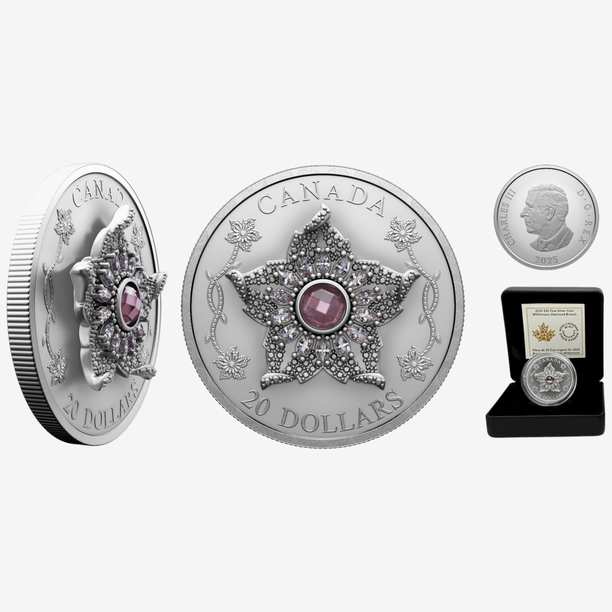 2025 $20 Crown Jewels Fine Silver Coin, Williamson Diamond Brooch