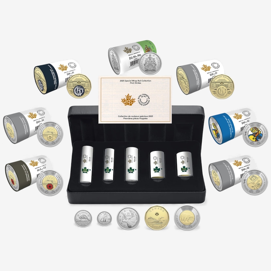 Image 727045.jpg, Product 727-045 / Price $699.95, Complete 2025 Special Wrap Coin Collection Including all First-Strikes, Half-Dollars and Commemoratives (total 12 mint rolls, 355 coins) from Royal Canadian Mint (RCM) on TSC.ca's Coins department