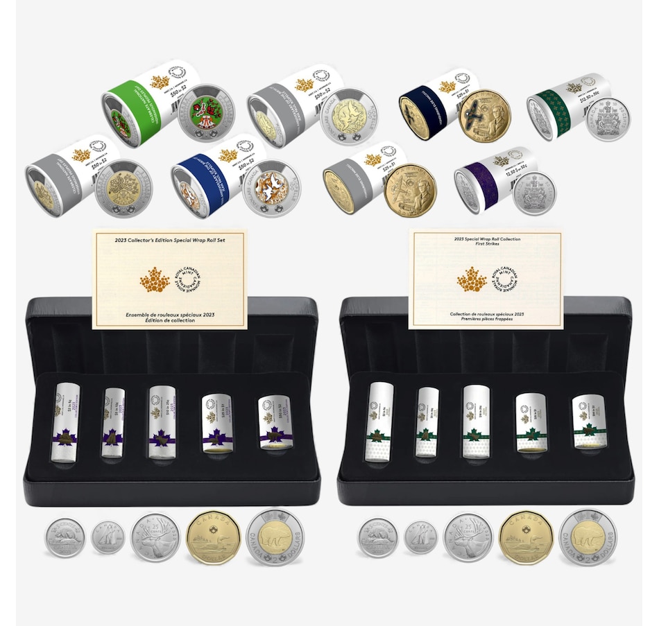 Image 727047.jpg, Product 727-047 / Price $999.95, Complete 2023 Special Wrap Coin Collection Including all First-Strikes, Half-Dollars and Commemoratives Queen Elizabeth and King Charles Issues (total 18 mint rolls, 560 coins) from Royal Canadian Mint (RCM) on TSC.ca's Coins department