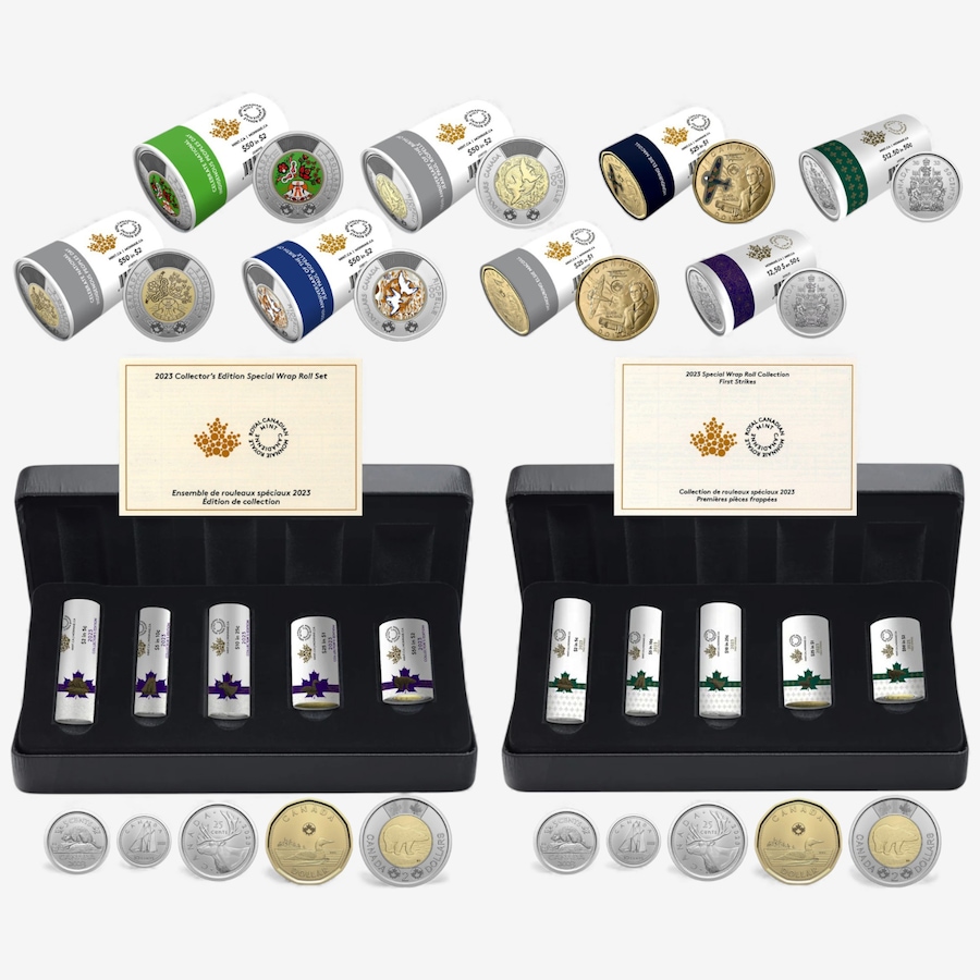 Image 727047.jpg, Product 727-047 / Price $999.95, Complete 2023 Special Wrap Coin Collection Including all First-Strikes, Half-Dollars and Commemoratives Queen Elizabeth and King Charles Issues (total 18 mint rolls, 560 coins) from Royal Canadian Mint (RCM) on TSC.ca's Coins department