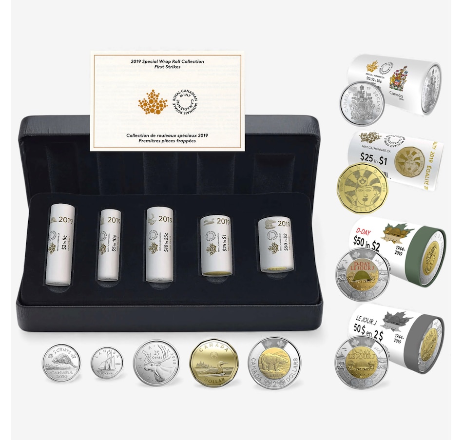 Image 727051.jpg, Product 727-051 / Price $499.95, Complete 2019 Special Wrap Coin Collection Including all First-Strikes, Half-Dollars and Commemoratives (total of nine mint rolls, 355 coins) from Royal Canadian Mint (RCM) on TSC.ca's Coins department