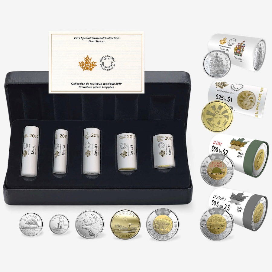 Image 727051.jpg, Product 727-051 / Price $499.95, Complete 2019 Special Wrap Coin Collection Including all First-Strikes, Half-Dollars and Commemoratives (total of nine mint rolls, 355 coins) from Royal Canadian Mint (RCM) on TSC.ca's Coins department