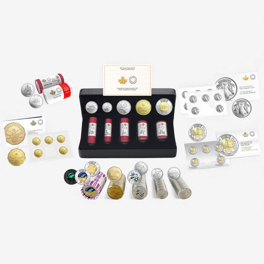 Image 727052.jpg, Product 727-052 / Price $749.95, Complete 2017 Mint Roll Collection Including Regular Design First-Strikes, All Canada 150 Commemoratives, Half-Dollars and Other Commemoratives (total 12 mint rolls plus additional coins, 425 coins) from Royal Canadian Mint (RCM) on TSC.ca's Coins department