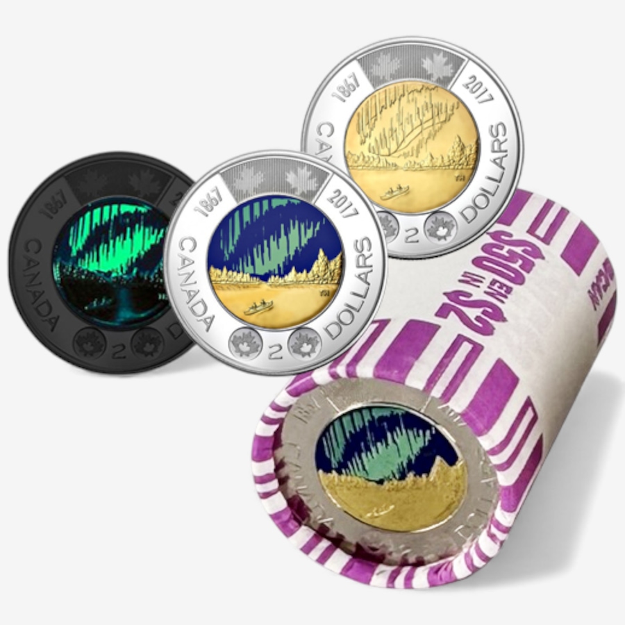 Image 727052_ALTMORE10.jpg, Product 727-052 / Price $749.95, Complete 2017 Mint Roll Collection Including Regular Design First-Strikes, All Canada 150 Commemoratives, Half-Dollars and Other Commemoratives (total 12 mint rolls plus additional coins, 425 coins) from Royal Canadian Mint (RCM) on TSC.ca's Coins department