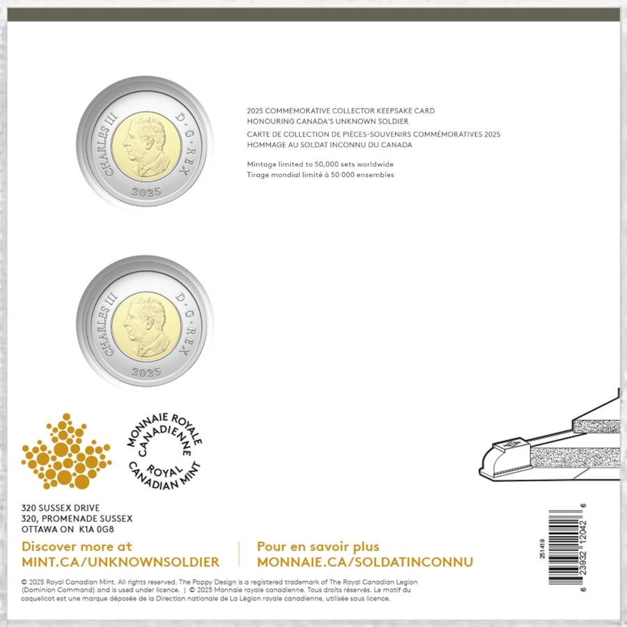 Image 727058.jpg, Product 727-058 / Price $14.95, 2025 $2 Keepsake Set Honouring the Unknown Soldier from Royal Canadian Mint (RCM) on TSC.ca's Coins department