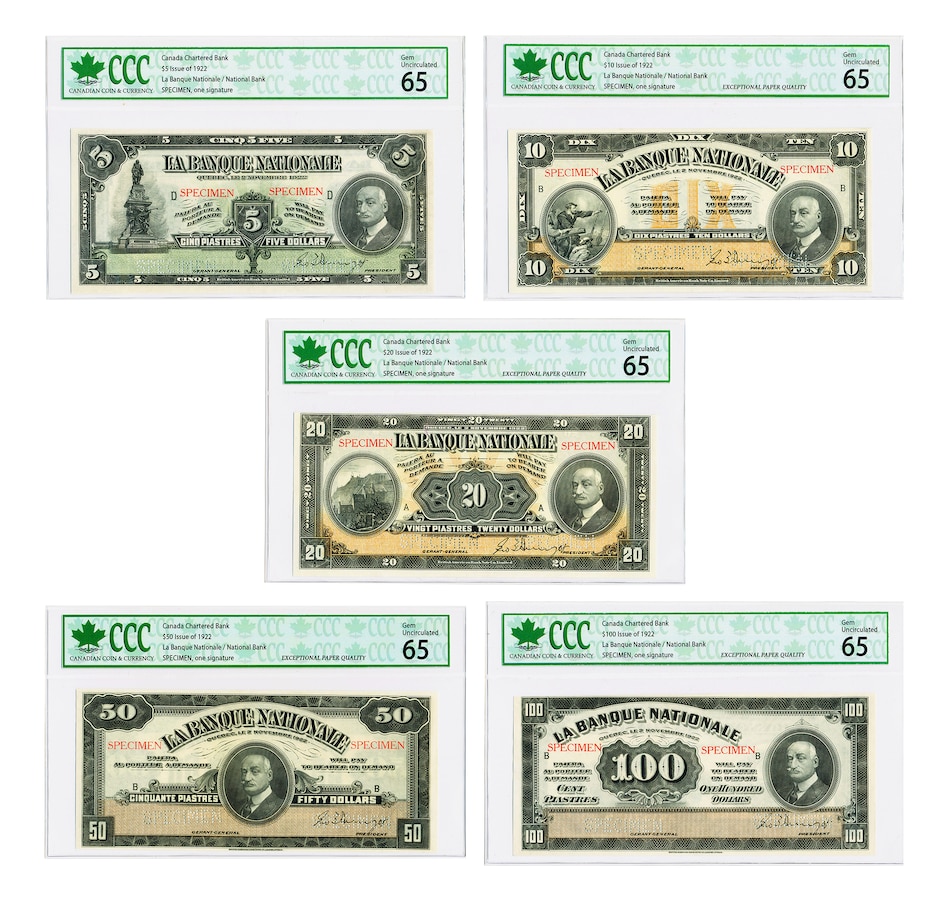 Image 727276.jpg, Product 727-276 / Price $3,795.00, 1922 National Bank $5, $10, $20, $50, $100 Complete Rare Specimen Chartered Bank Note Set from The Coin Show with Steven Bromberg on TSC.ca's Coins department