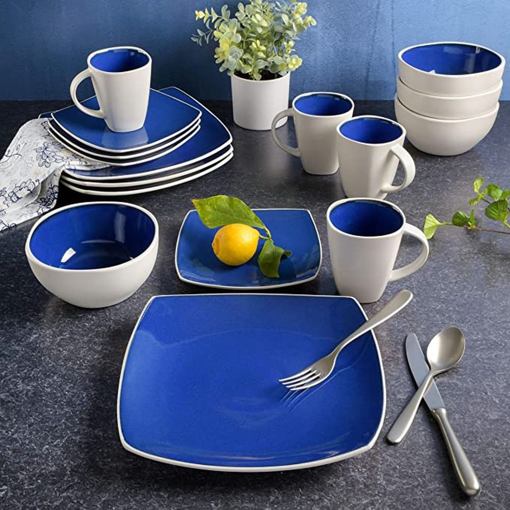 Gibson Elite Soho Lounge Square 16 Piece Dinnerware Set Blue White