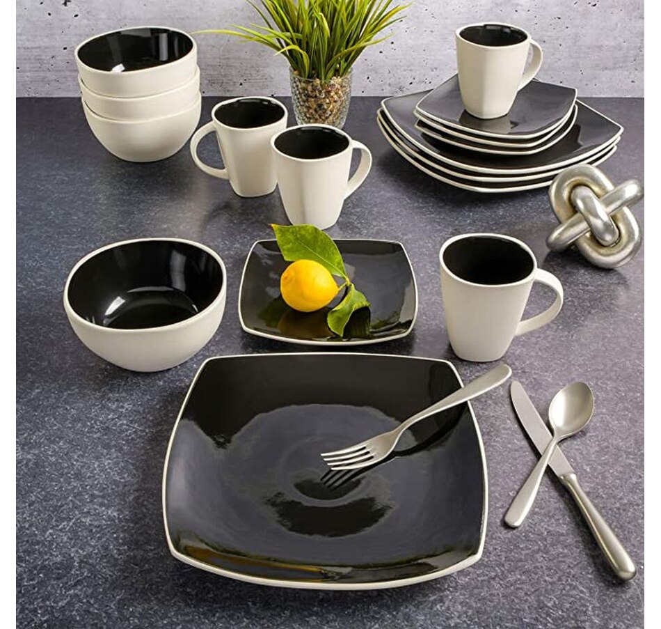 Image 727719_ALTMORE3.jpg, Product 727-719 / Price $89.99, Soho Lounge 16-Piece Dinnerware Set (black/white, square, two-tone, reactive glaze, stoneware) on TSC.ca's Kitchen department