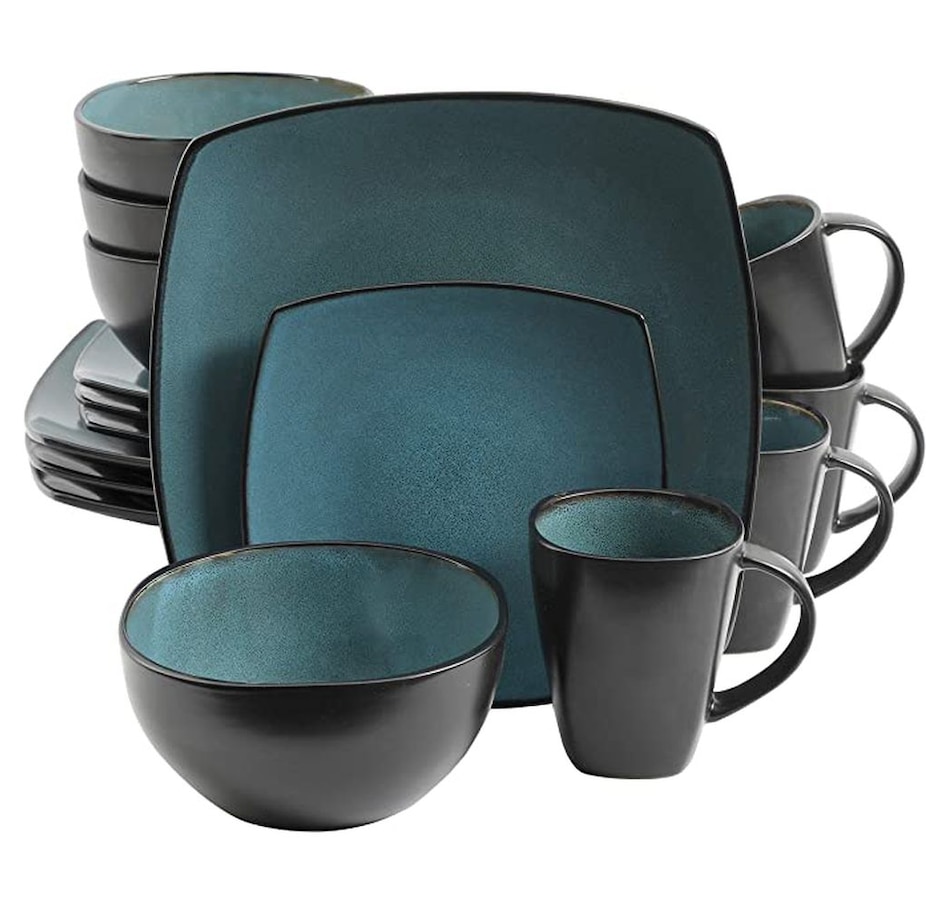 Image 727723.jpg, Product 727-723 / Price $89.99, Soho Lounge 16-Piece Dinnerware Set (teal/black, square, two-tone, reactive glaze, stoneware) on TSC.ca's Kitchen department