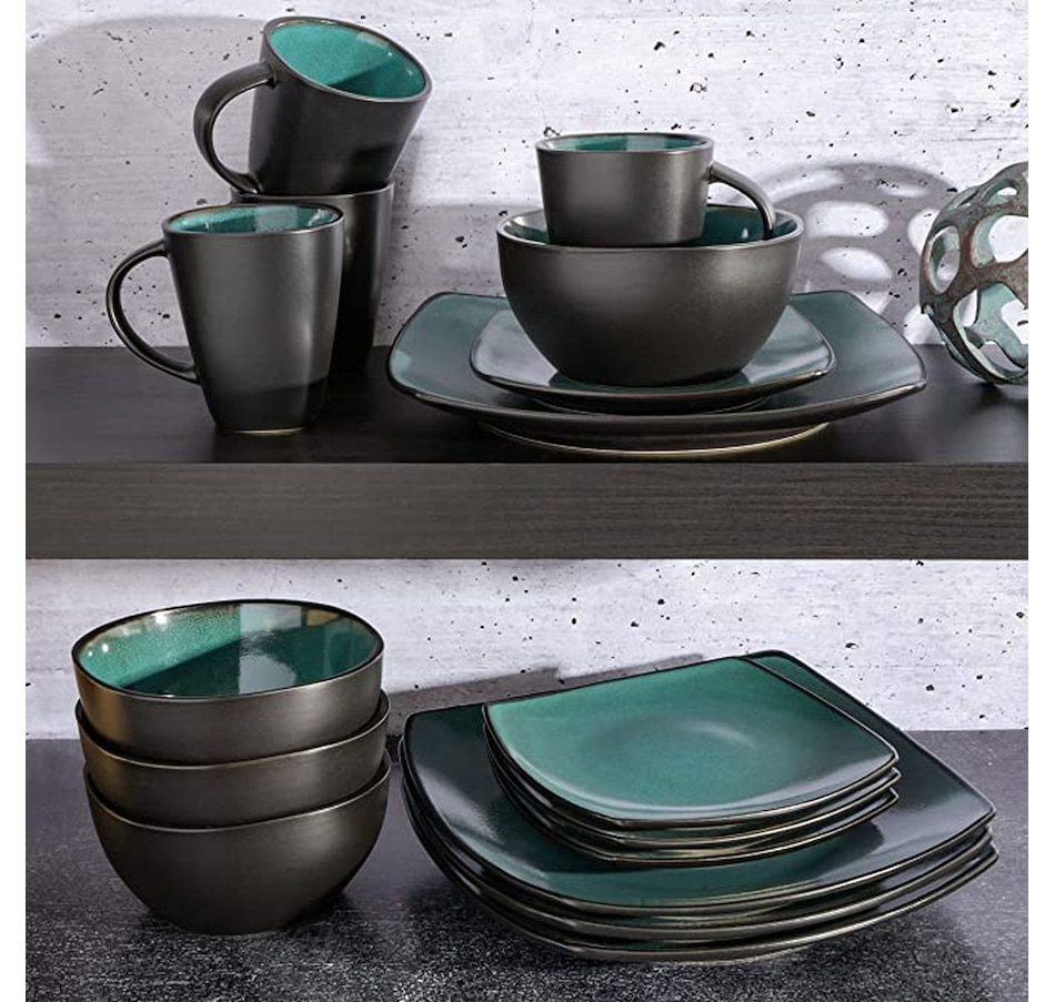 Image 727723_ALTMORE2.jpg, Product 727-723 / Price $89.99, Soho Lounge 16-Piece Dinnerware Set (teal/black, square, two-tone, reactive glaze, stoneware) on TSC.ca's Kitchen department