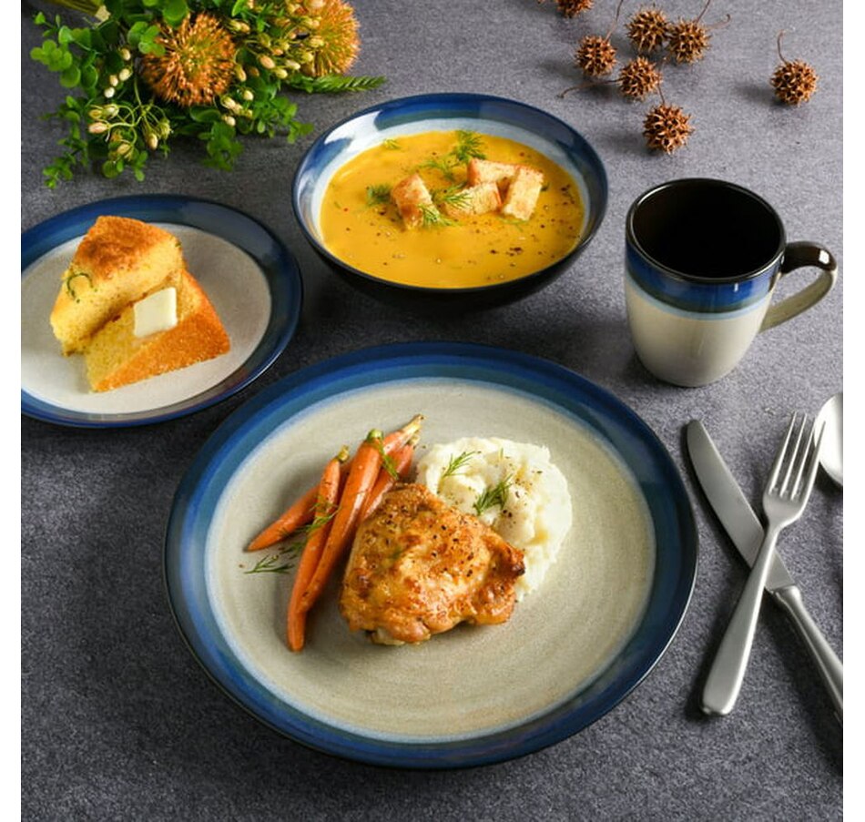 Image 727729.jpg, Product 727-729 / Price $74.99, Terra Bella 16-Piece Dinnerware Set (cream, blue rim, stoneware) on TSC.ca's Kitchen department