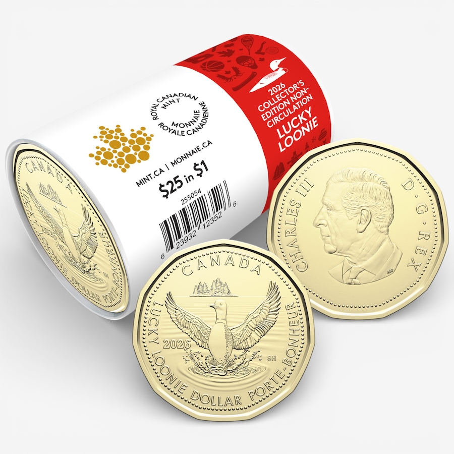 Image 728979.jpg, Product 728-979 / Price $54.95, 2026 $1 Lucky Loonie Special Wrap Roll plus Bonus Coin (not issued for circulation) from Royal Canadian Mint (RCM) on TSC.ca's Coins department