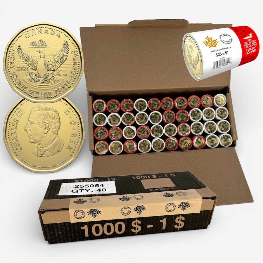 Image 728980.jpg, Product 728-980 / Price $2,195.00, 2026 Lucky Loonie Complete Mint Box of $1 Special Wrap Rolls plus Bonus Roll (not issued for circulation; 1,025 coins total) from Royal Canadian Mint (RCM) on TSC.ca's Coins department